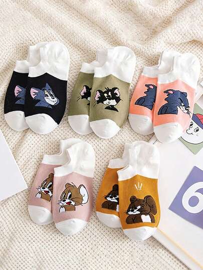 Warner Bros 5双随机春夏可爱卡通猫鼠图案百搭舒适透气女式短袜