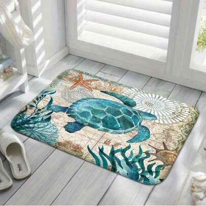 1 Set Classic Vintage Sea Turtle Pattern Floor Mat, Toilet Seat Cover, Bathroom Mat, Absorbent Doormat, Non-Slip Floor Rug