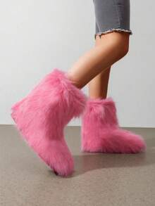 Women's Faux Fur Boots Furry Mid Calf Fur Boots Comfortable Outdoor Flat Shoes Winter Warm Plush Surface Snow Boots - 粉色 - 查看 6
