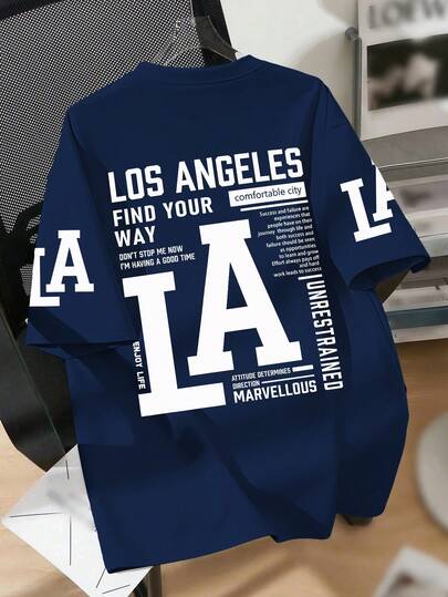 Teenager Boys' LA Slogan Print Round Neck T-Shirt, Soft Casual Tee Shirt For Summer, Streetwear And Holiday Style. Suitable For Boys And Girls, Daily Wear, Can Be Gift For Family, Girlfriend, Friends. Comfortable Short Sleeve Pullover, Machine Washable, Everyday Essential, Loose Fit, Suitable For Boys And Ladies, Streetwear Style