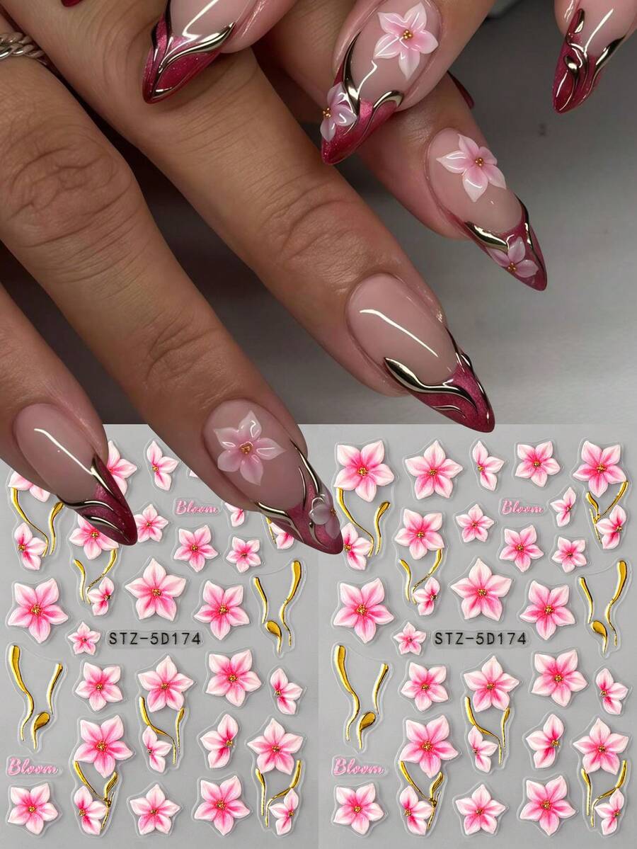 2张5D立体浮雕海洋花朵贴纸，热带粉色百合花美甲贴纸，Y2K风格花瓣DIY美甲装饰，适合女性和女孩 - 彩色 - 查看 1