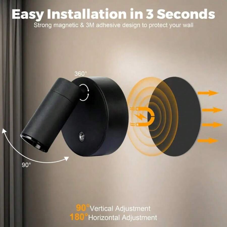 Rechargeable LED Wall Light, Magnetic Spotlight, Dimmable Painting Lamp, Bedside Reading Light, Eye-Caring Bedroom Night Light, Wireless & No Drilling Required, 360° Rotatable Touch Control - one-size - View 1