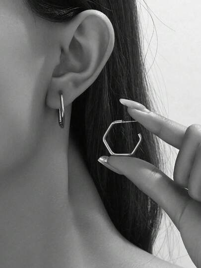 1 par de pendientes geométricos de polígono de acero inoxidable, diseño elegante y versátil, pendientes de aro estilo europeo y americano