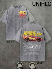 Disney UNIHLO  Lightning Mcqueen  Printed Summer Heavyweight Retro Washed Street Fashion Casual T-Shirt - 灰色 - 查看 1