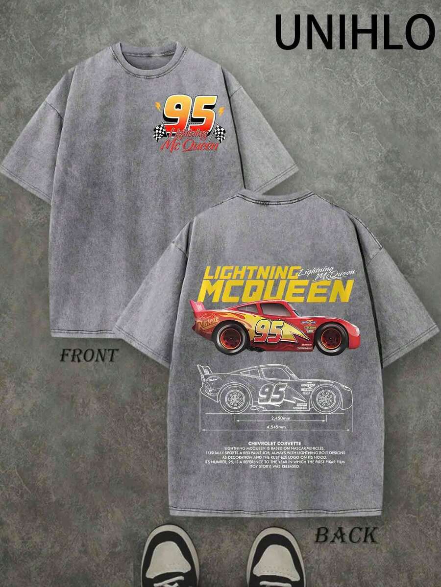 Disney UNIHLO  Lightning Mcqueen  Printed Summer Heavyweight Retro Washed Street Fashion Casual T-Shirt - 灰色 - 查看 1