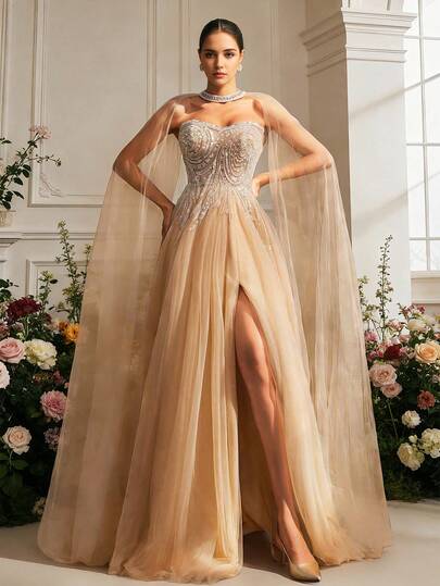  VIPGIRL Luxury Nude 2 Pieces A-Line Layered Sheer Dress, With Beaded Shawl And High Slit, Elegant Evening Party Gown, Formal Prom, Wedding Guest Dress, Suitable For Graduation Ceremony, Gala And More