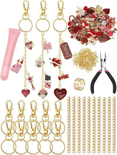 60/120pcs Valentine's Day DIY Keychain Set, Pink Heart Pendant Craft Kit And Tools