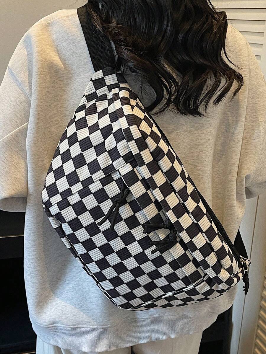 Women's Corduroy Checkerboard Pattern Chest Bag, Multi-Pocket Organizer With Adjustable Strap, Suitable For Daily Commute, Travel, Leisure Shopping