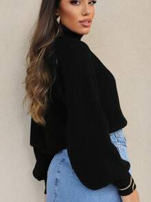 Cropped Knit High Neck Cacharrel Puff Sleeve - Black - View 2