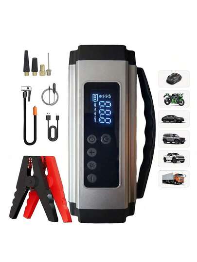 5000A 150PSI Car Jump Starter With Air Compressor, 12V Portable Car Battery Starter With Jump Cables, LCD Display And LED Light