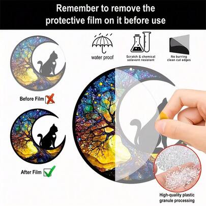 Atrapasueños acrílico con gato y luna en estilo de vidrio colorido 2D para el Ramadán