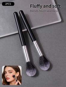 2pcs Face Powder Blush Highlighter Brush Set, Flame Blush Brush Soft Hair Makeup Brushes, Natural Gradient Brightening Makeup Brushes, Beginner Makeup Tools - Black - View 2