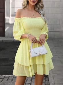 Solid Color Elegant Sexy Cute Pleated Ruffle/Frill Off Shoulder Puff Sleeve Midi Dress, Suitable For Evening Date, Vacation, Party, Formal Occasion, Spring/Summer - Yellow - View 6