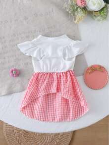 Cat & Dog Cherry Bow Print + Pink & White Plaid Cap Sleeve Pet Dress - White - View 3