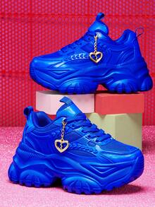 皇家蓝甜美休闲运动鞋，女士大码鞋款，轻盈EVA材质，7厘米厚底厚底运动鞋，Y2K风格金色破碎心形吊坠 - 藍色 - 查看 10
