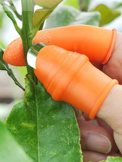 1 st orange tumkniv med 5 st fingerskydd, växtverktyg för blomplockning, grönsaksskörd och växtbeskärning, lämplig för trädgård, fruktplockning och växtbeskärning