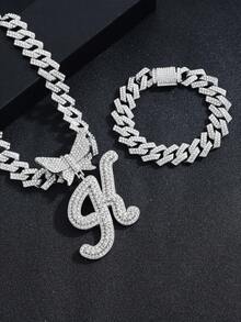 2pcs Women's Silver Necklace Set - A-Z Rhinestone Butterfly Letter Pendant Necklace & Bracelet, Diamond-Shaped Cuban Chain, Cursive Letter Jewelry - Fashion Ice Crystal Butterfly - View 14