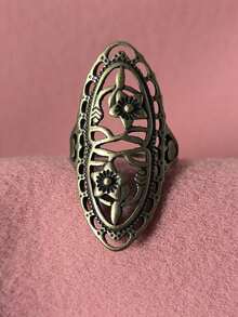 1pc Hollow Flower Design Long Ring, Antique Silver Plated Alloy, Multi-Color Options - White K - View 5