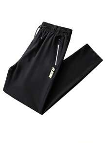 1pc Plus Size Men's Lightweight Breathable Straight Leg Sports Pants, Elastic Ice Silk Fabric, 6XL, With Zipper Pockets And Reflective Print, Suitable For Fitness, Running, Outdoor Activities, Daily Wear, Father's Gift, Men's Gift Black Spring - Black - View 8