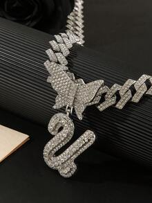 2pcs Women's Silver Necklace Set - A-Z Rhinestone Butterfly Letter Pendant Necklace & Bracelet, Diamond-Shaped Cuban Chain, Cursive Letter Jewelry - Fashion Ice Crystal Butterfly - View 24