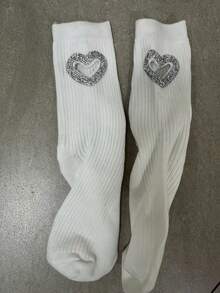 Valentine's Day New Arrival Heavily Embellished Heart Hollow Out Pink Mid-Calf Socks, Unique Design Socks - Multicolor - View 3
