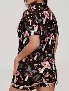2pcs Women Mushroom, Leaf, Butterfly Print Starry Atmosphere Decorated Short Sleeve Shorts Pajama Set, Comfortable Polo Collar, Ribbed Trim, Versatile, Knit Top With Button Front Pockets, Elastic Waist Pants, Suitable For All Seasons Casual Loungewear - 黑色 - 查看 3