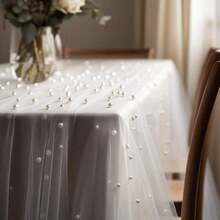 1pc Pearl Table Runner, Sheer Lace Table Runner, Suitable For Bridal Shower, Birthday Party, Wedding Arch, Dessert Table Decor - White - View 5