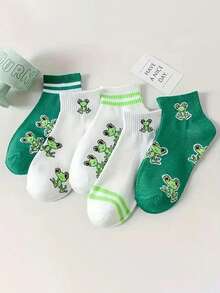 5 Pairs Cute Cartoon Green Frog Pattern Ankle Socks, Spring/Summer - Multicolor - View 1