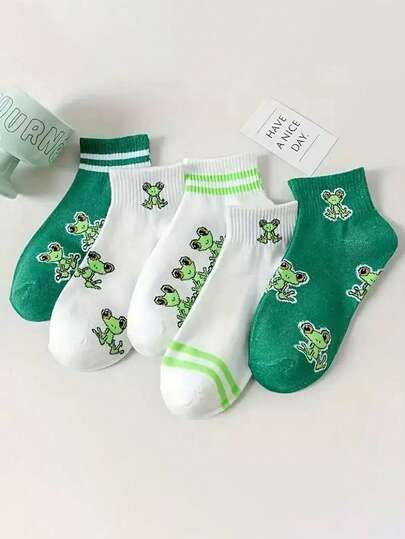 5 Pairs Cute Cartoon Green Frog Pattern Ankle Socks, Spring/Summer