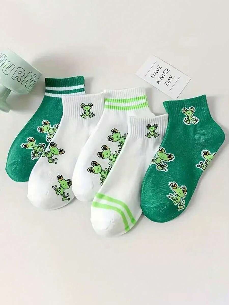 5 Pairs Cute Cartoon Green Frog Pattern Ankle Socks, Spring/Summer - Multicolor - View 1