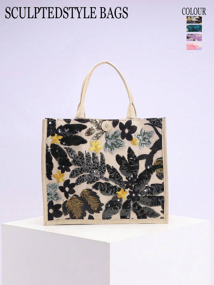 1pc Colorful Sequin & Mesh Patchwork Linen Tote Bag, Fashion Floral & Leaf Embroidery Design, Large Capacity Square Shaped Casual Handbag, Suitable For Shopping, Vacation (Floral Pattern Randomly Distributed)