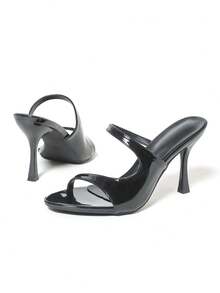 女士黑色漆皮双带露趾细高跟穆勒鞋，简约风格，适合通勤、派对、约会、夏季穿着 - 黑色 - 查看 6