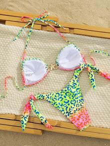 女士时尚两件式比基尼套装，星形装饰和豹纹印花高弹力沙滩装 - 綠粉紅色 - 查看 5