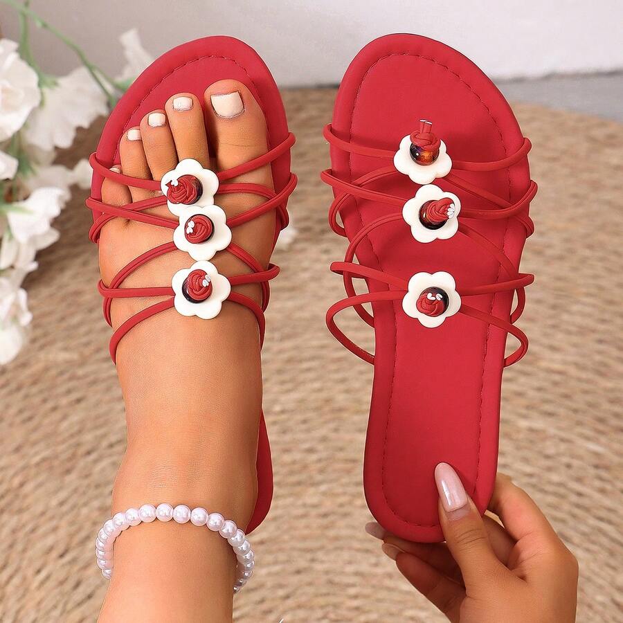 Teenage Girls' Fashion Flat Slippers, Lightweight Comfortable Non-Slip Soft Bottom Beach Flip Flops, Versatile Summer Sandals - Red - View 1