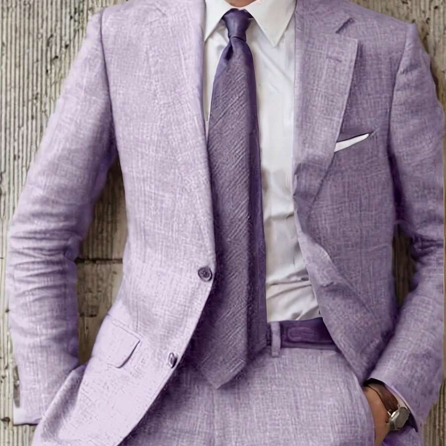 Men's 2pcs Linen Suit Summer Wedding Formal Party Events Tuxedo Suit Elegant Casual Working Business Suit 34S 36S 38S 40R 42R 44R 12.15gal - Lavender - 查看 1