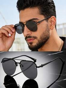 新款时尚金属半框双梁飞行员太阳镜，男女通用，提供遮阳和紫外线防护 - 黑色 - 查看 1