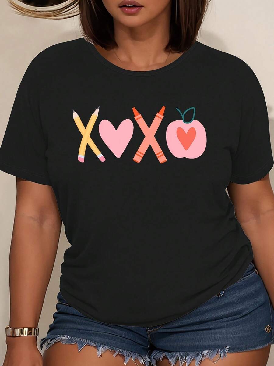 Women Casual Graphic Print Short Sleeve T-Shirt Playful XOXO Hearts Apples Design Stretchy Comfort Fit Round Neck Machine Washable All-Season Versatile Top Cute T Shirts Playful Design Tee Nontransparent Material - 黑色 - 查看 1