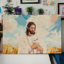 1pc Jesus And Sheep Oil Painting Mural Print, Wood Frame Wall Art, Room Decor, Living Room Bedroom Easter Decoration - Friends And Family, Ready To Hang - Framed - View 1