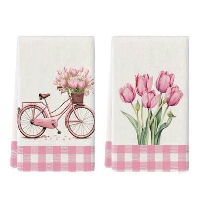 2pcs Bicycle & Pink Tulip Pattern Kitchen Towels, 16 X 24 Inches, Dish Cloths, Washable & Reusable, Housewarming Gift For Friends, Kitchen Accessories, Household Essentials For Cooking, Baking, Bathroom Cleaning, Outdoor Activities And Tea Party Decor. Elegant Design Enhances Home Decor
