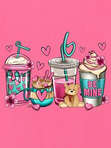 Camiseta de cuello redondo con estampado de postre dulce y corazón, top casual suave y cómodo para adolescentes, verano - Rosa Fucsia - Ver 2