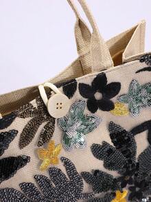 1pc Colorful Sequin & Mesh Patchwork Linen Tote Bag, Fashion Floral & Leaf Embroidery Design, Large Capacity Square Shaped Casual Handbag, Suitable For Shopping, Vacation (Floral Pattern Randomly Distributed) - Black - View 8