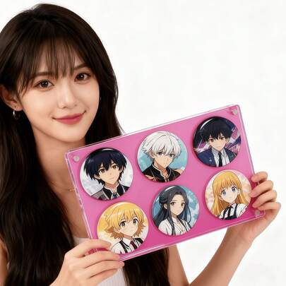 Acrylic Display Stand With Anime Character Badges On Pink Background, Suitable For 75mm Badges, Multiple Styles Available, High Transparency Anti-Dust Thickened, Can Be Used To Display 1, 2, 4, 6, 9 Badges Or Pins