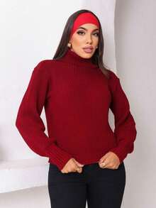 Cropped Knit High Neck Cacharrel Puff Sleeve - Red - View 2