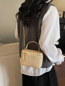 Woven Texture Handle Box-Shaped Handbag, Women's Spring/Summer New Fashion Chain Crossbody Small Square Bag, Versatile Beach Holiday Purse , Beach Bag - Khaki - View 4