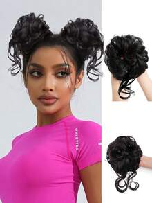 Set de 2 diademas elegantes con borlas redondas, combinadas con piezas de cabello sintético rizado corto y pinzas para cabello desordenado, adecuadas para festivales de música y fiestas de Halloween. - Negro natural - Ver 13