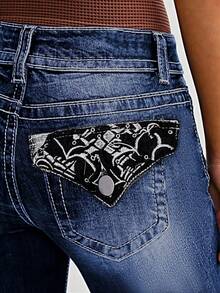 Micro Embroidered Stretch Jeans - Comfortable, Soft, Breathable, Suitable For Casual Denim Women's Wear - Màu xanh lam - Xem 4
