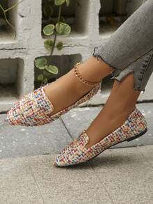 大码 35-45 女式尖头米色平底鞋,新款秋季户外日常乐福鞋,软底工作驾驶莫卡辛鞋 - 米橙小格 - 查看 4