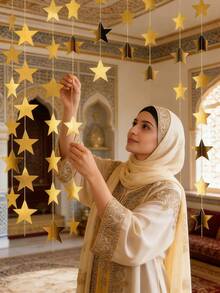 2件/1件 4米金色镜面星星花环 斋月装饰 家居开斋节派对装饰 伊斯兰穆斯林节日悬挂横幅用品 墙壁天花板装饰，金色星星花环 闪亮小星星纸质三角旗横幅 开斋节婚礼生日派对装饰 斋月节背景道具 婴儿房迎婴派对用品 - 彩色 - 查看 1