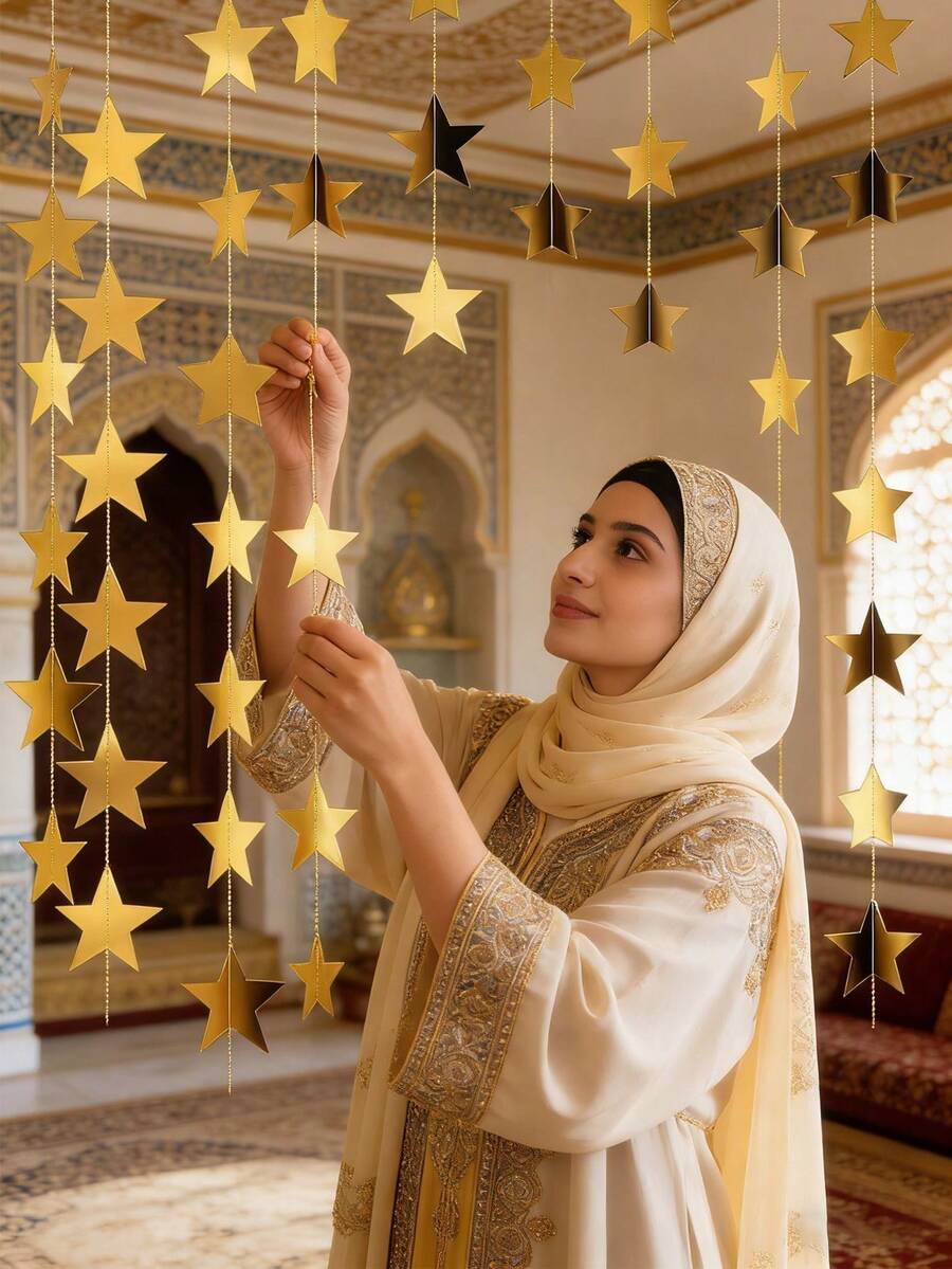 2件/1件 4米金色镜面星星花环 斋月装饰 家居开斋节派对装饰 伊斯兰穆斯林节日悬挂横幅用品 墙壁天花板装饰，金色星星花环 闪亮小星星纸质三角旗横幅 开斋节婚礼生日派对装饰 斋月节背景道具 婴儿房迎婴派对用品 - 彩色 - 查看 1