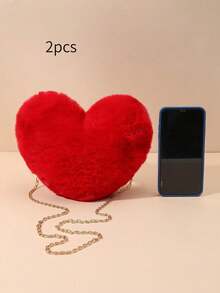 Girls' Plush Heart-Shaped Fluffy Handbag, Girls' Soft Small Shoulder Bag/Clutch With Metal Chain, Fun & Quirky Gag Gift, Best Autumn Wallet, Perfect Valentine's Day Gift, Heart-Shaped Wallet Matches Valentine's Day Dress Perfectly - Red - View 13